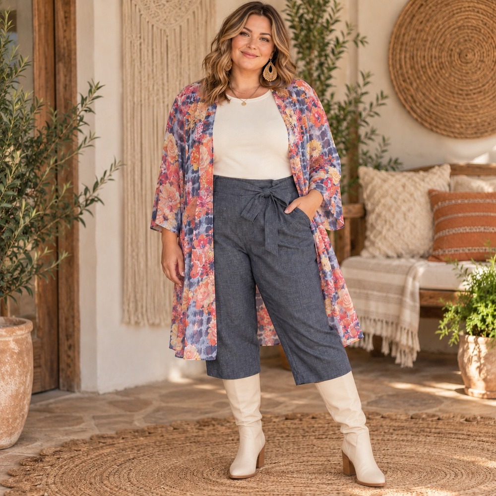 7. 1X SET Ali Miles XL Floral Cardigan & David N Gray Cropped Pants Boho